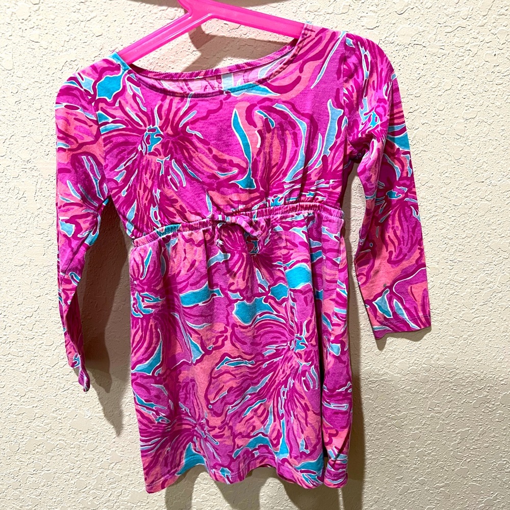 Girls pink  long sleeved Lilly Pulitzer floral cotton dress